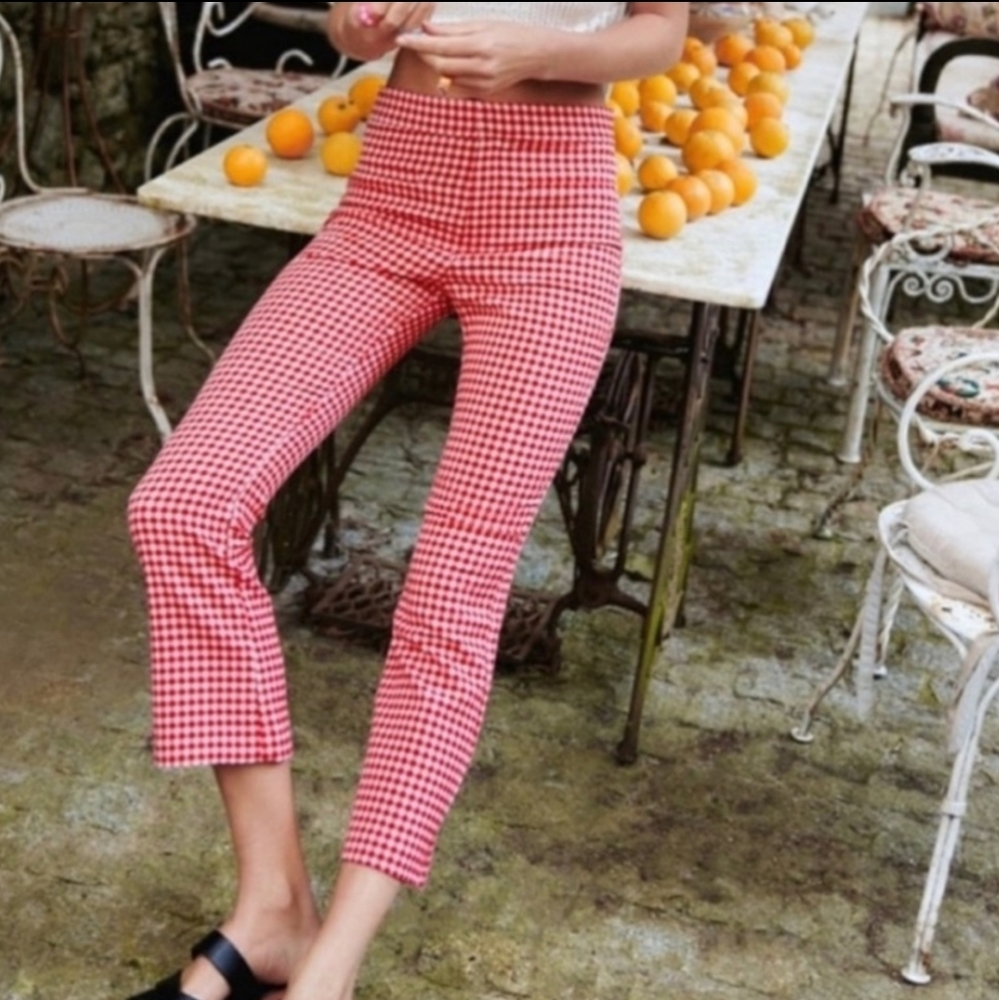 Zara red white gingham plaid high waisted cropped mini flare pants
